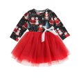 thumbnail image 1 of Nituyy Christmas Cartoon Print Long Sleeve Round Neck Tulle Dress with Bow, 1 of 7