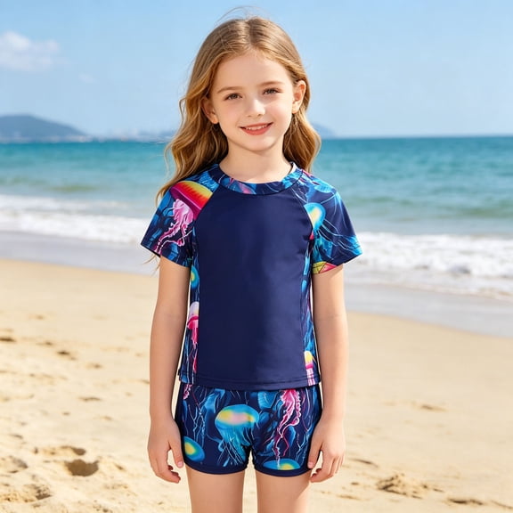 XIYON Kids Girls Summer Swimwear 2 Pieces Short Sleeve Cartoon Print Tankini Top And Shorts Comfortable Swimsuit For Pool Beach,Navy,1-2 Years