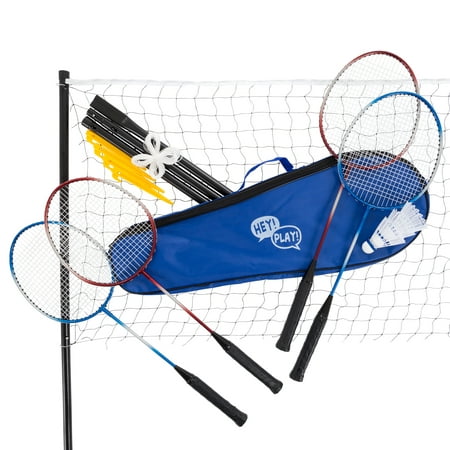 Badminton Set Complete Outdoor Yard Game with 4 Racquets, Net with Poles, 3 Shuttlecocks and Carrying Case by Hey!