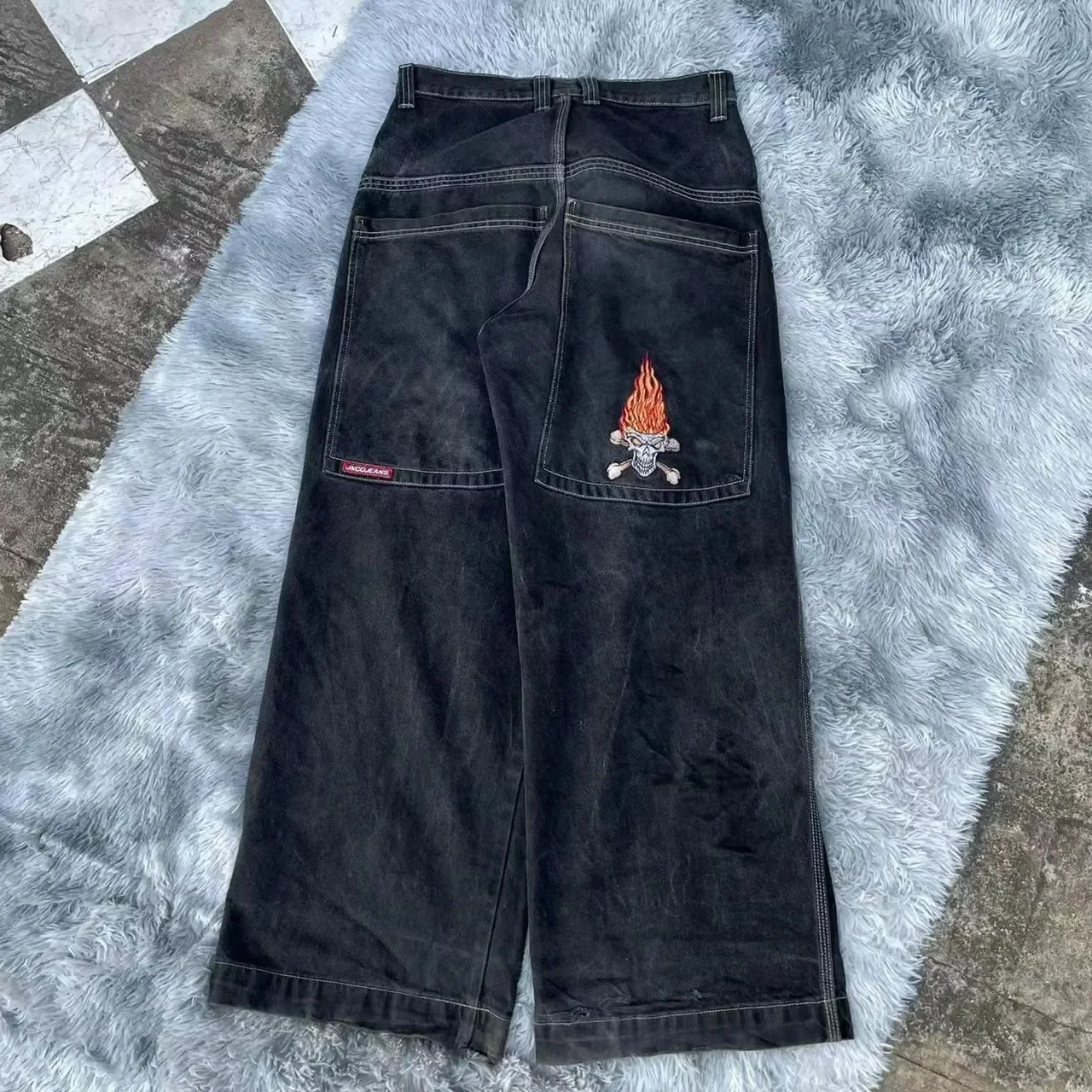 パンツ archive Lolita jeans black denim y2k Women's Black Embroidered Y2K Style Jeans Black, L | Beyond