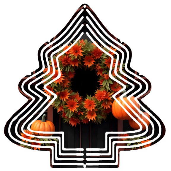 Vibrant Orange Flower Wreath with Pumpkins - Metal Hanging Christmas Tree Wind Spinner for Festive Garden Decor