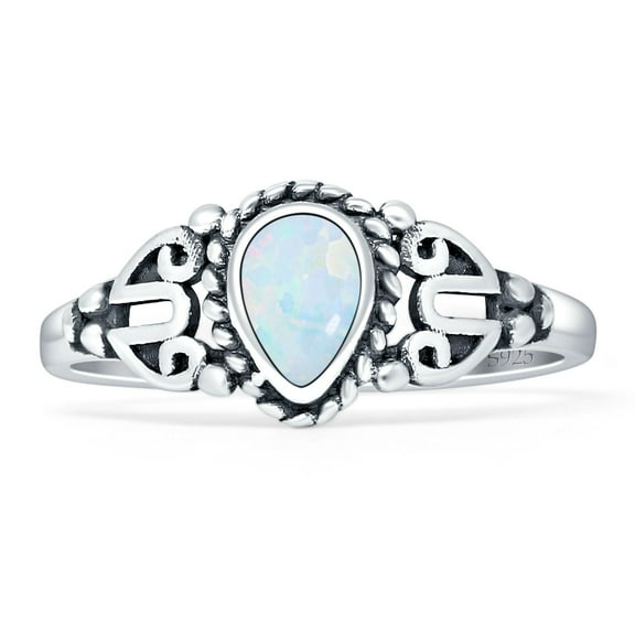 Pear Teardrop Twisted Oxidized Ring Lab Created White Opal 925 Sterling Silver Size 5
