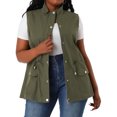 thumbnail image 2 of Women's Plus Size Utility Vest Stand Collar Cargo Pocket Drawstring Waist Sleeveless Jacket ArmyGreen 3X, 2 of 7