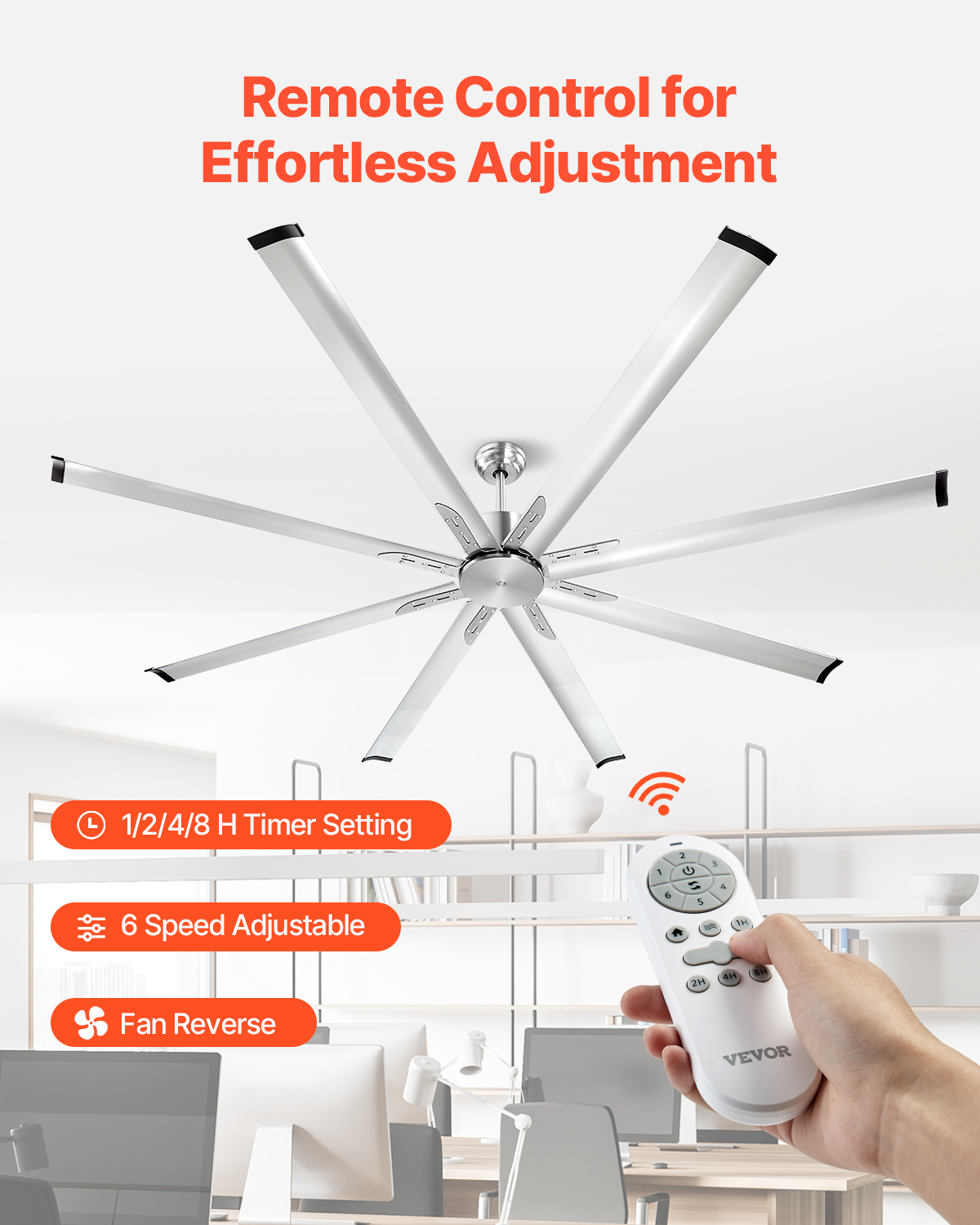 VEVOR 84 In Ceiling Fan without Light,6-Speed Remote Control, Aluminum 8-Blade, Reversible DC Motor, Modern Low Profile Flush Mount Fan for Bedroom, Living Room, Patio,Indoor/Outdoor, Brushed Nickel