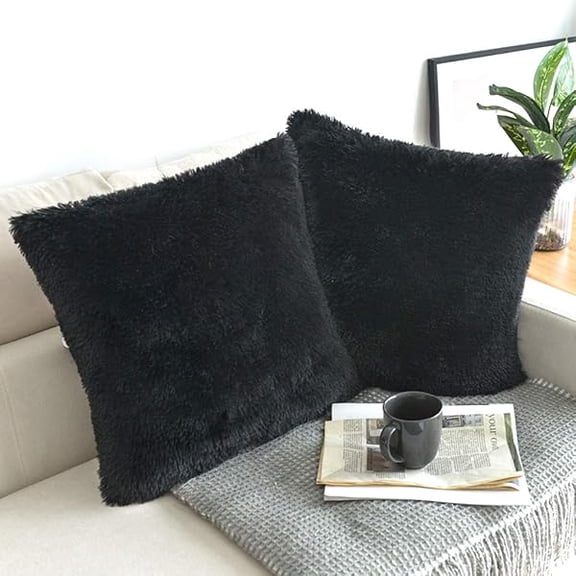 Eryueer Pack of 2 Faux Fur Cushion Covers 45 x 45 cm Luxury Fluffy Decorative Fuzzy Square Throw Pillow Case 18 x 18 for Sofa Decor Black