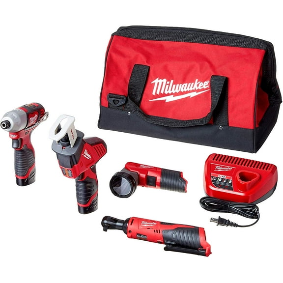 Milwaukee 2498-25 M12 12-Volt Lithium-Ion Cordless Combo Tool Kit (4-Tool) with 1.5 Ah Batteries, Charger, Tool Bag