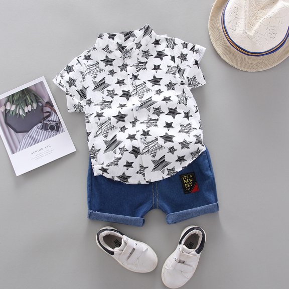SDJMa Toddler Kids Baby Boy Short Sleeve Stars Pattern Shirt Tops  Denim Pants Set