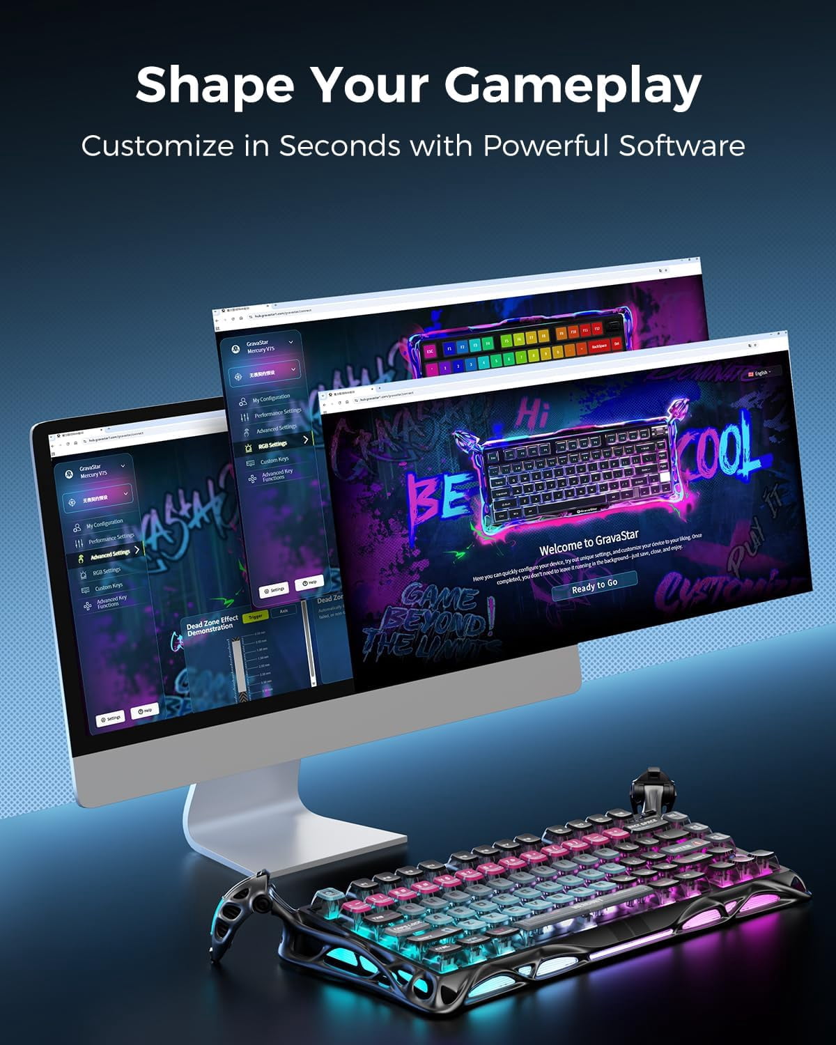 GravaStar Mercury V75 Pro HE 75% Hall Effect Magnetic Switch Gaming Keyboard – Wired, Hot-Swappable, 8000Hz Polling, Dual-Zone RGB, Semi-Aluminum Frame with Alien Legs – Cyberpunk
