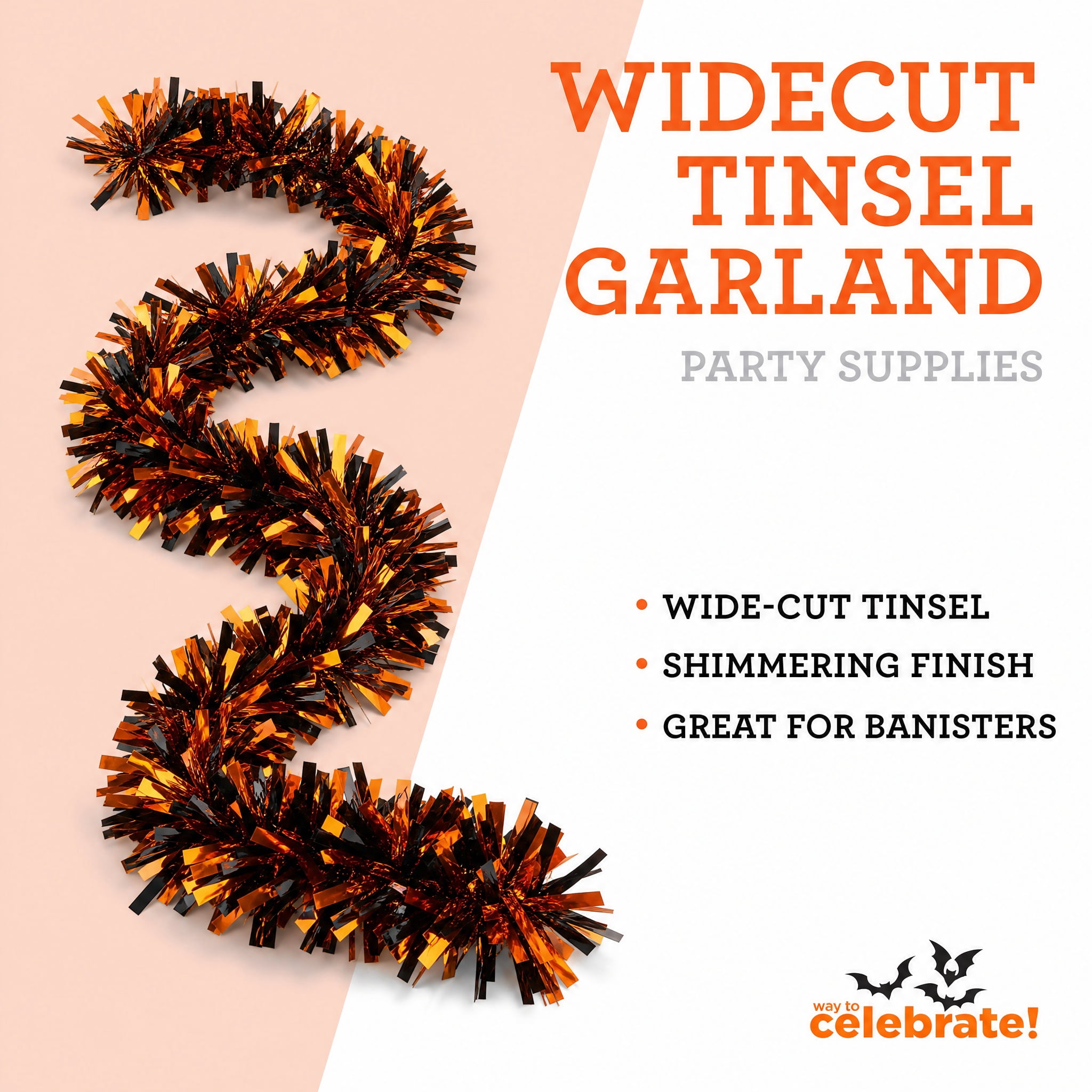 Wide-Cut Tinsel Garland, Orange and Black, 12', Halloween by Way To Celebrate