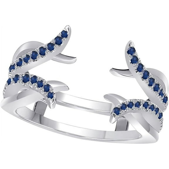 Gems Jewels 925 Sterling Silver 1.70 Ct Round Cut Blue Sapphire Wedding Engagement Enhancer Guard Wrap Ring 14K White Gold Plated For Women's -4