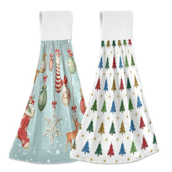 IAUYY Kitchen Hanging Towels Set of 2 100% Polyester Absorbent, Super Soft Hand Towels with Hanging Loops for Bathroom Kitchen Bows and Reindeer Blue Christmas Tree