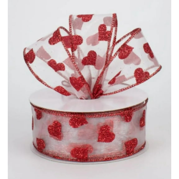1.5" x 10 yards, Glitter Hearts Wired Ribbon: Red on White Sheer