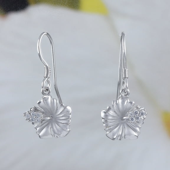Beautiful Hawaiian Hibiscus Earring, Official Hawaii State Flower, Sterling Silver Hibiscus CZ Dangle Earring, E4122 Birthday Wife Mom Gift
