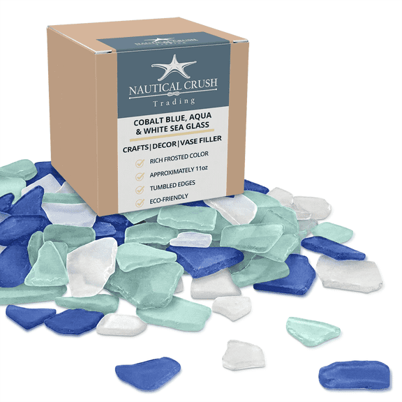 Sea Glass | Cobalt Blue Aqua and Frosted White | 11oz Sea Glass for Decor & Craft