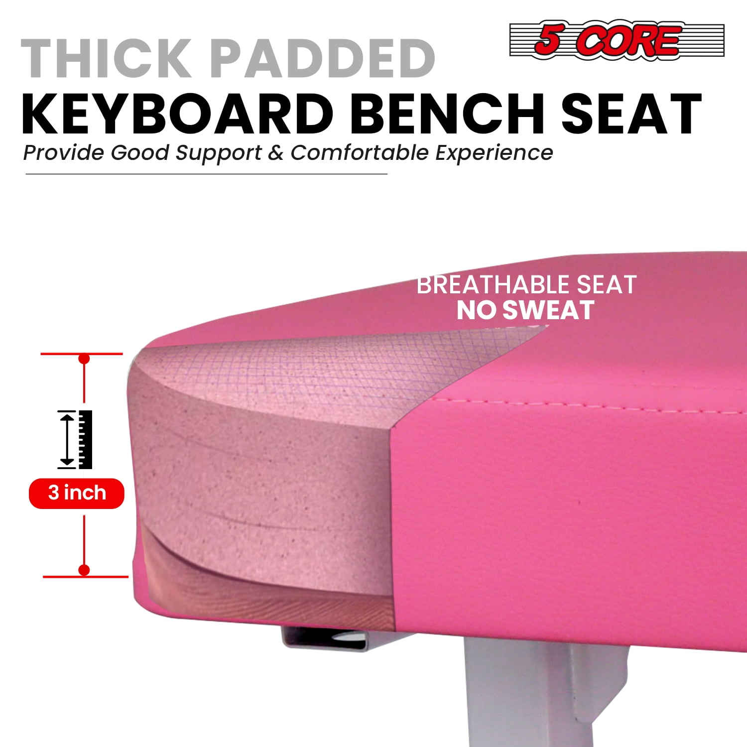 5 Core Keyboard Bench 3 Inch Padded Cushioned Piano Stool Height Adjustable Guitar Seat Heavy Duty Folding Portable Musician Chair W Nonslip Rubber Feet Pink - KBB H-ADJ PNK