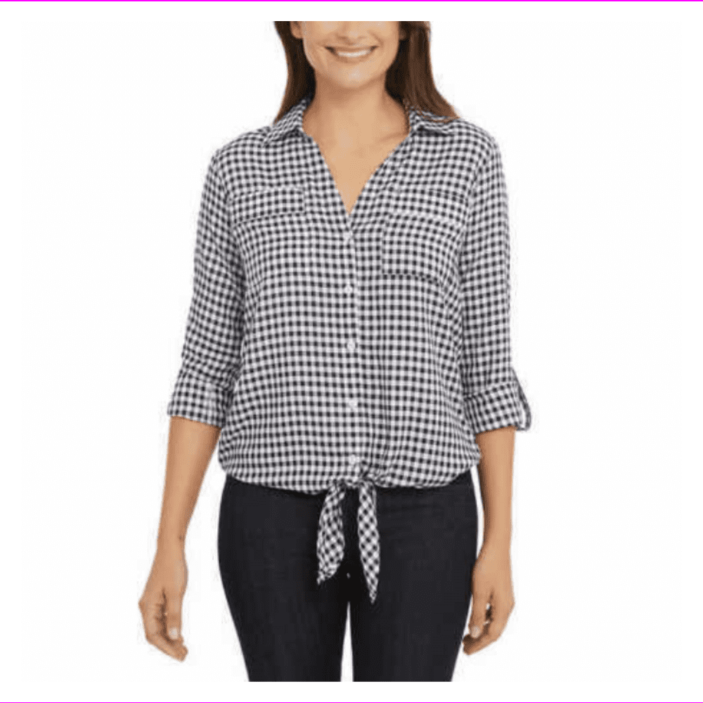 Jones New York Womens Tie Front Button Down Roll-Tab Sleeves Shirt M ...