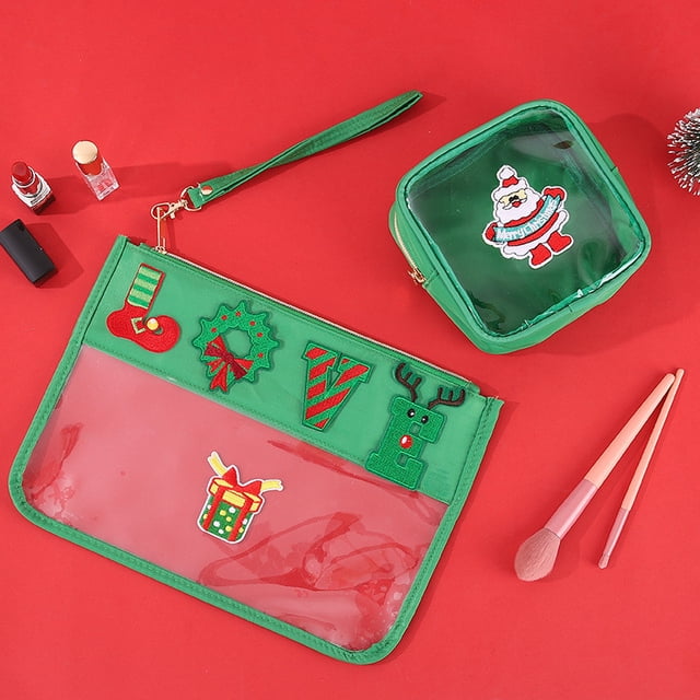 Juego de neceseres navideños transparentes - Organizador de artículos de tocador de viaje con bordado festivo de Papá Noel y árbol Un neceser de maquillaje