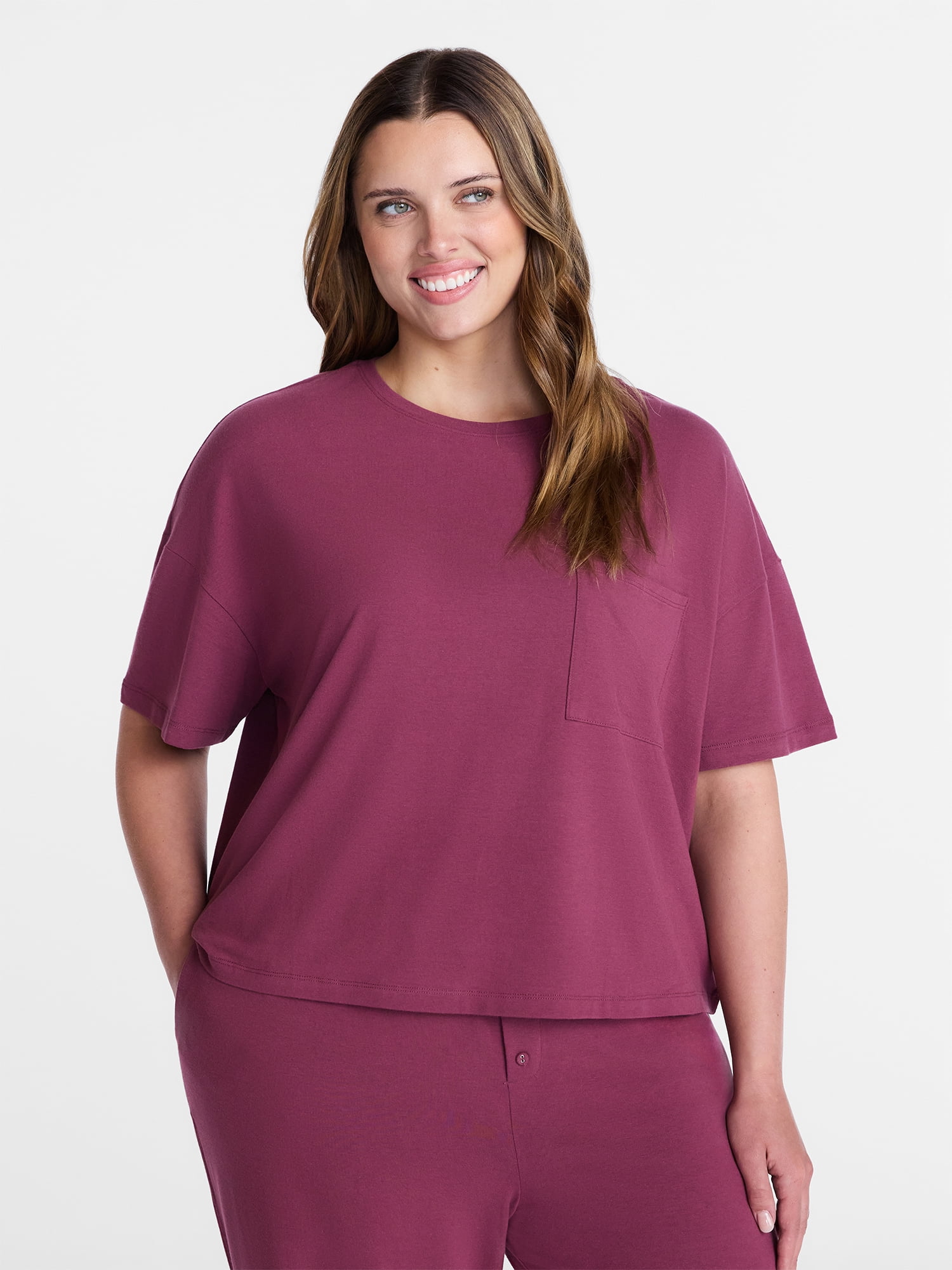 Joyspun Women’s Cotton-Blend Sleep Lounge Top with Short Sleeves, Sizes S-3X