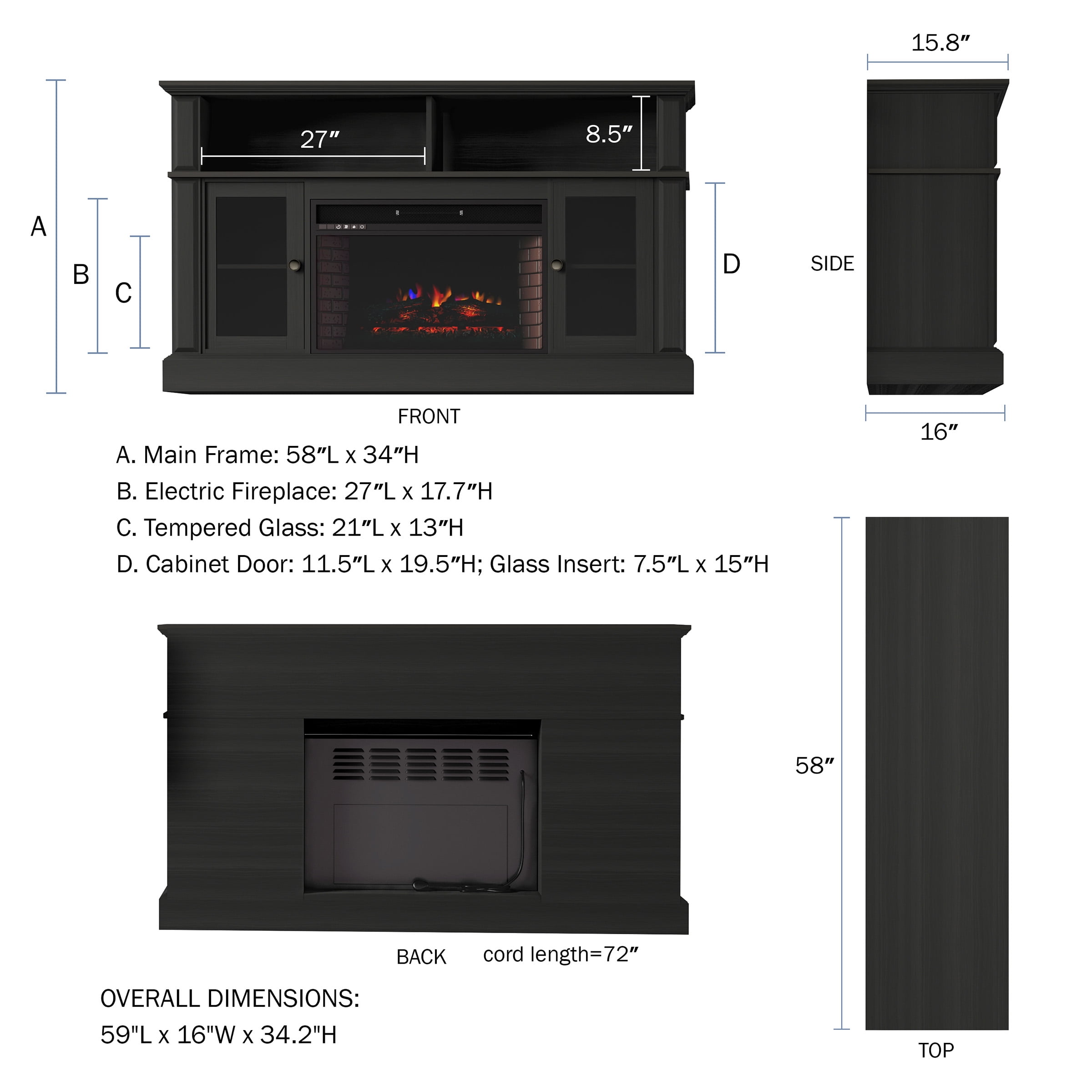 Electric Fireplace TV Stand for TVs up to 59-Inches – Media Console with Shelves, Remote Control, Adjustable Heat, and LED Flames by Northwest (Black) Sansujyuku sansujyuku.com