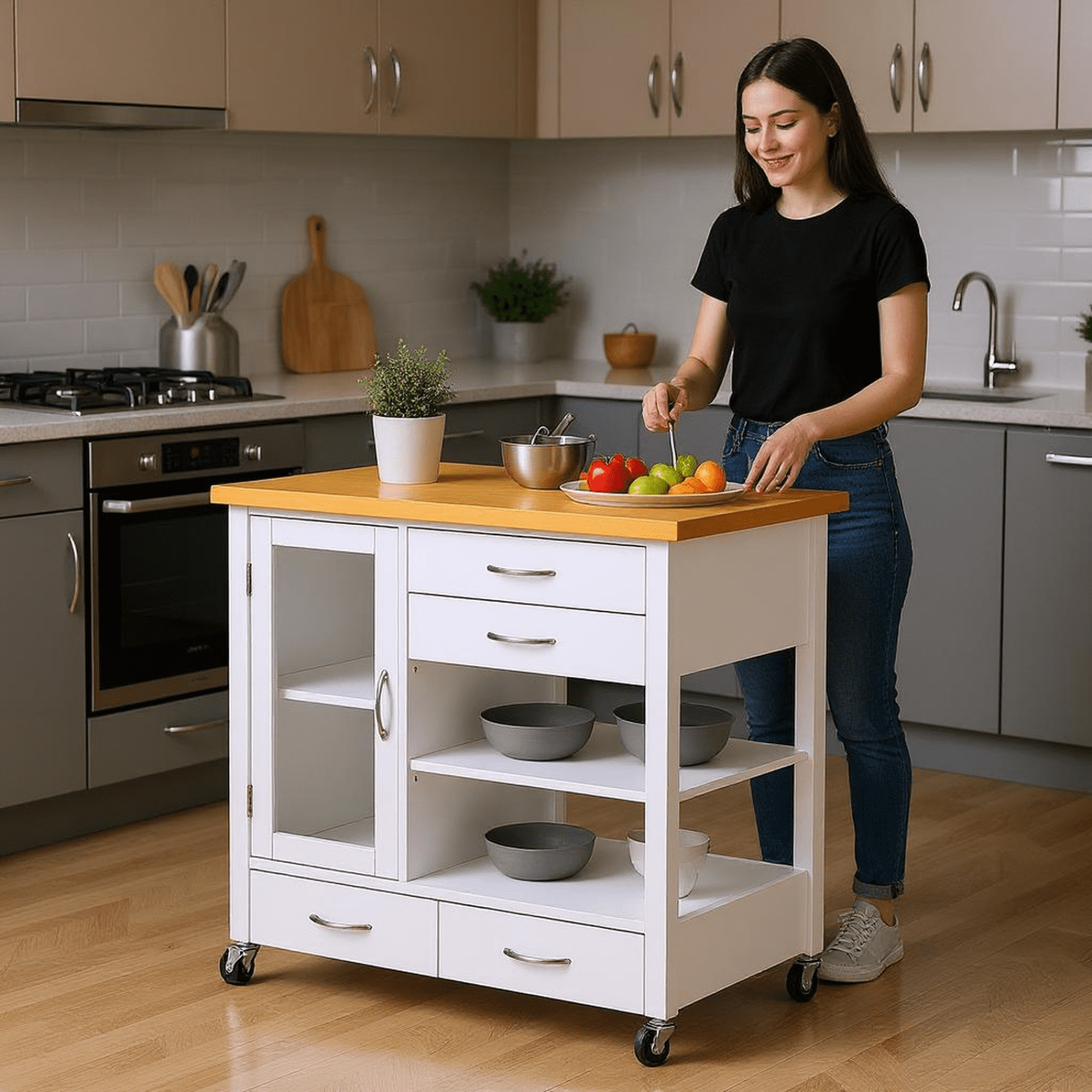 Homy Casa Kitchen Island Cart with Drawers, Shelves, and Glass Door, Rolling Storage Cabinet on Wheels