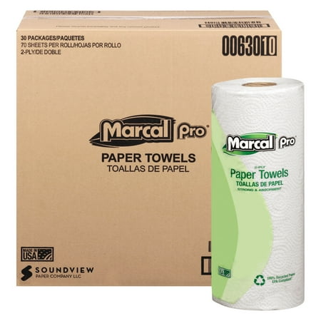 Marcal PRO 100% Premium Recycled Towels, 2-Ply, 11 x 9, White, 70/Roll, 30 Rolls/Carton
