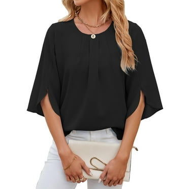 TEMOFON Womens Blouses Summer Casual Tops Dressy T Shirts Pleated Scoop Neck 3/4 Sleeve Office Work Chiffon Shirts Black