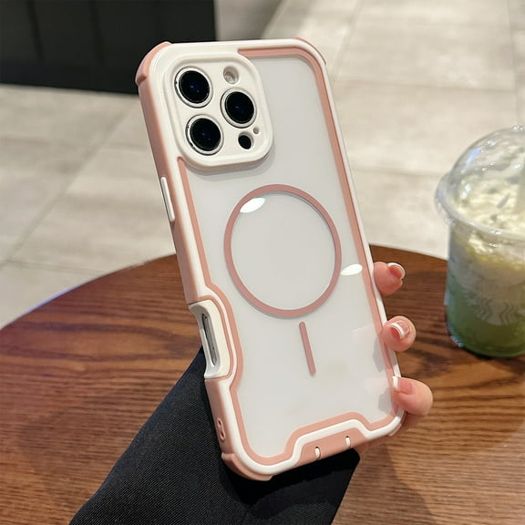 For iPhone 14 Pro Max 2-in-1 Rugged Phone Case,Compatible with Mag-safe,Heavy Duty Shockproof Anti-fall Anti-Scratch Protective,Transparent Back Design,Durable Phone Case For Men Women,Rosegold