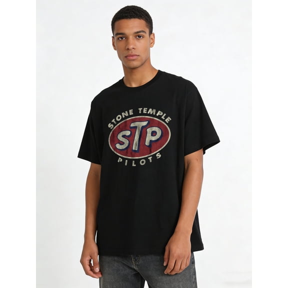 1 Piece Men's Retro STP Stone Temple Pilots Pattern T-Shirt - Casual Breathable Cotton, Short Sleeve, Loose Fit, Retro Band Logo Design, Perfect Gift for Music Fans, Rock T-Shirt