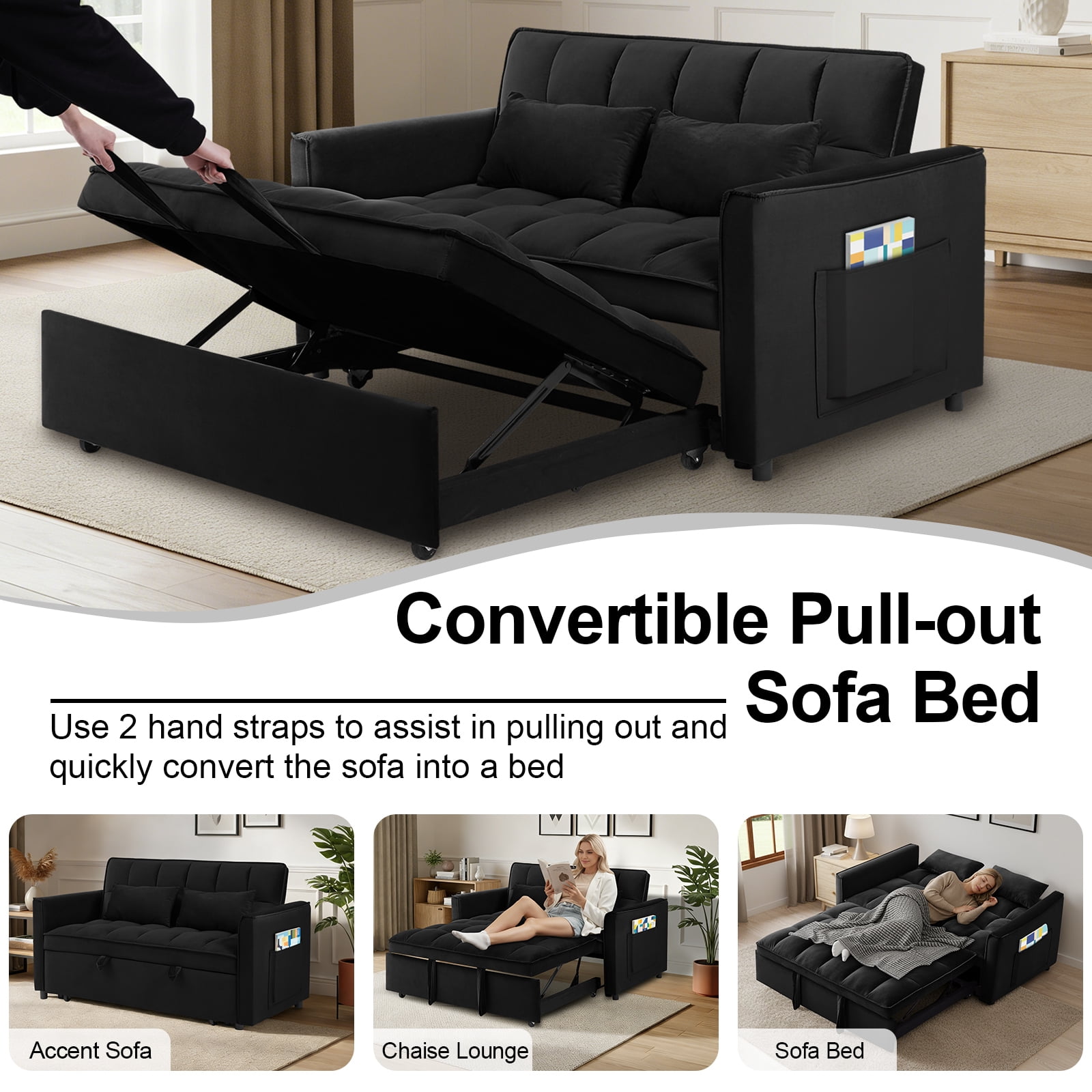 Howcool 55" 3 in 1 Convertible Sleeper Sofa Bed, Pull Out Loveseat Couch with Storage Pocket,Black