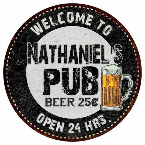 Nathaniel's Pub 14" Round Metal Sign Beer Bar Black Wall Decor Gift 100140039496