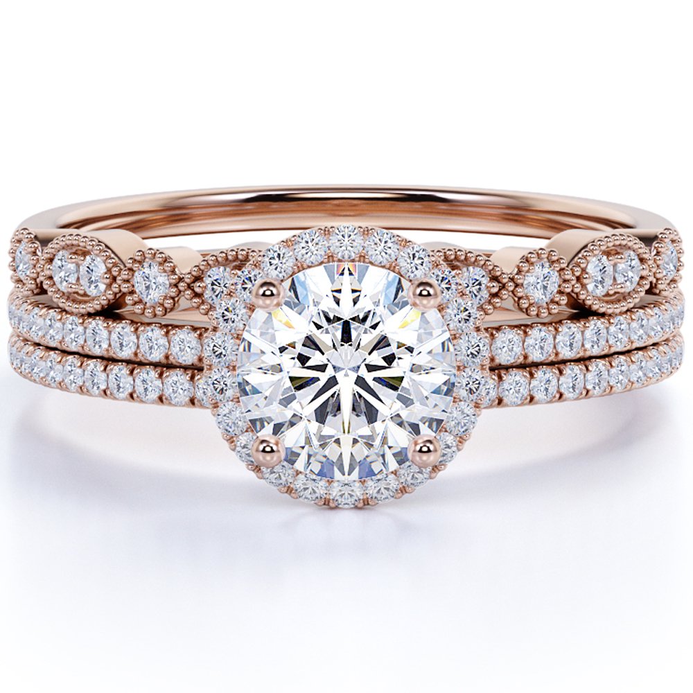 JeenMata Flawless 1.5 carat Round Cut Moissanite Trio Wedding Ring Set in 18k Rose Gold Over Silver Celebrity Ring
