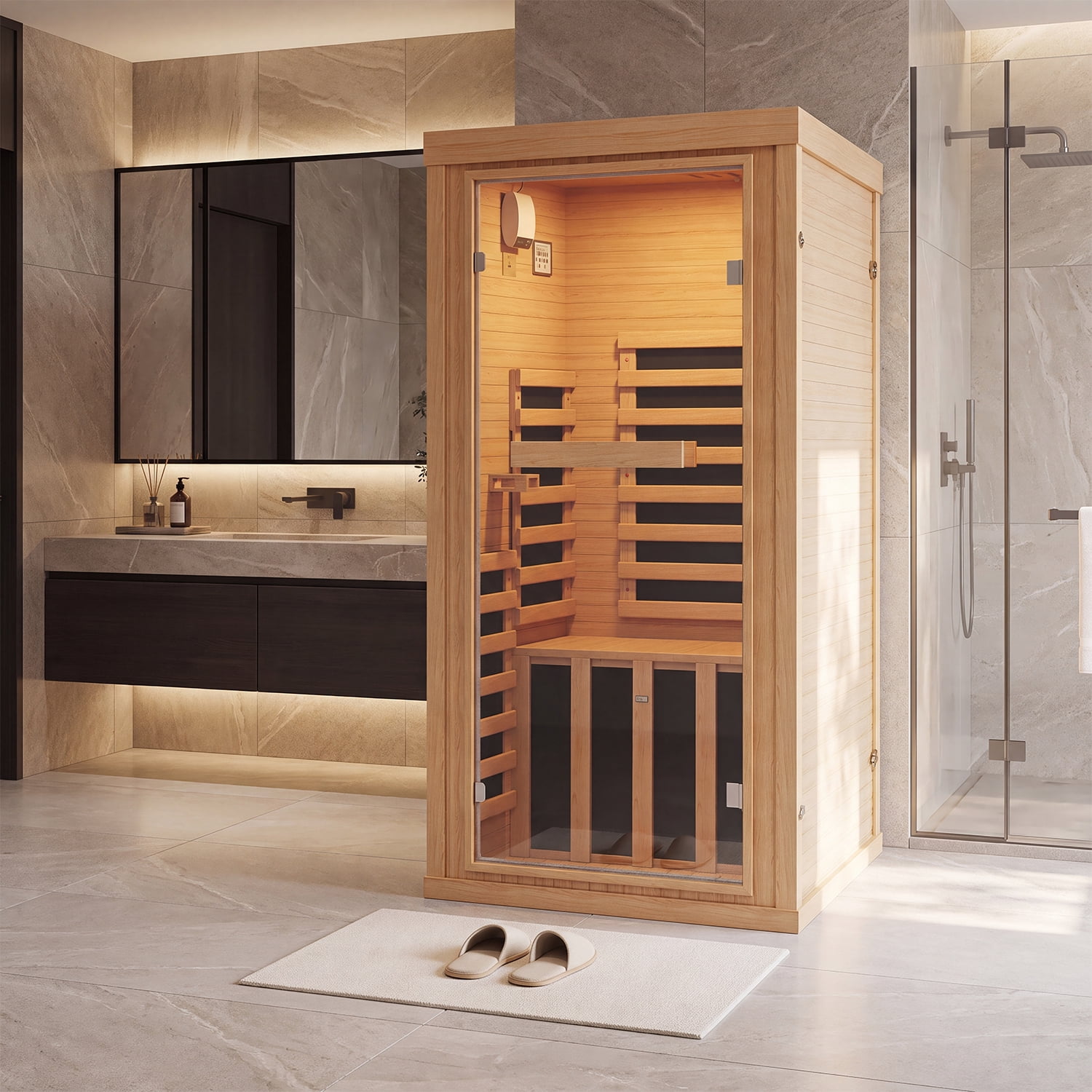 BaPiPro Infrared Sauna, 1-Person Home Far Wood Sauna with Whole Glass, Canadian Hemlock Dry Sauna Spa Room with Low EMF Carbon Fiber Panels, Indoor Sauna with LED Light & Bluetooth Speaker