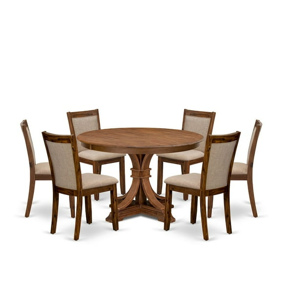 Luxe by East West Furniture 7-Pc Kitchen Set Of A Pedestal Round Table, 6 Light Tan Fabric Dining Chairs