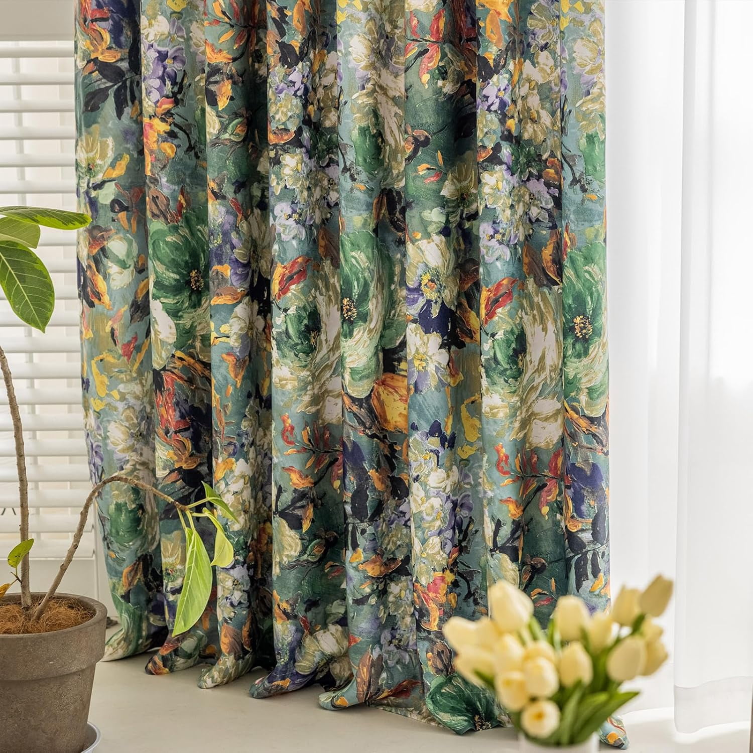 Floral Curtains for Bedroom Pattern Dark Green Vintage Painting Flower Blackout Window Drapes Room Darkening for Living Room 84 inches Long 2 Panels