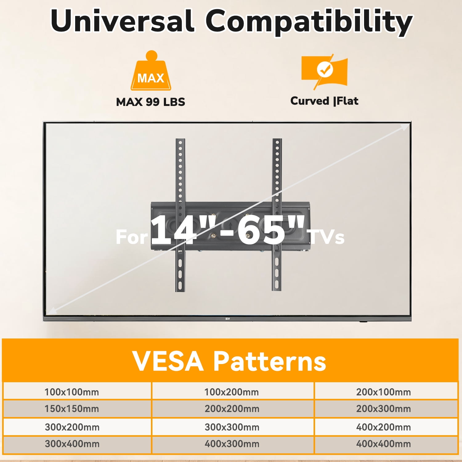 Full Motion TV Wall Mount for 14-65 Inch TVs, Swivel & Tilt, Max VESA 400x400mm, Holds up to 99lbs