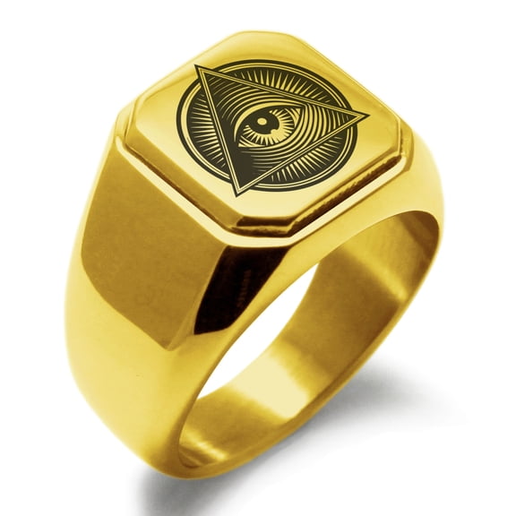 Stainless Steel All Seeing Eye Emblem Engraved Square Flat Top Biker Style Polished Signet Ring