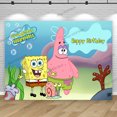 thumbnail image 3 of Fondo de fiesta de Bob Esponja con nombre y edad de bebé personalizado, decoración para cumpleaños de niño, accesorios de fotografía de Patricio y Estrella, pancarta, 3 of 5