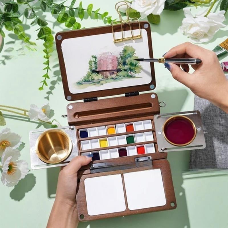 CEORPER Watercolor Paint Tray 24 Well Foldable Magnetic Wooden Palette For Outdoor