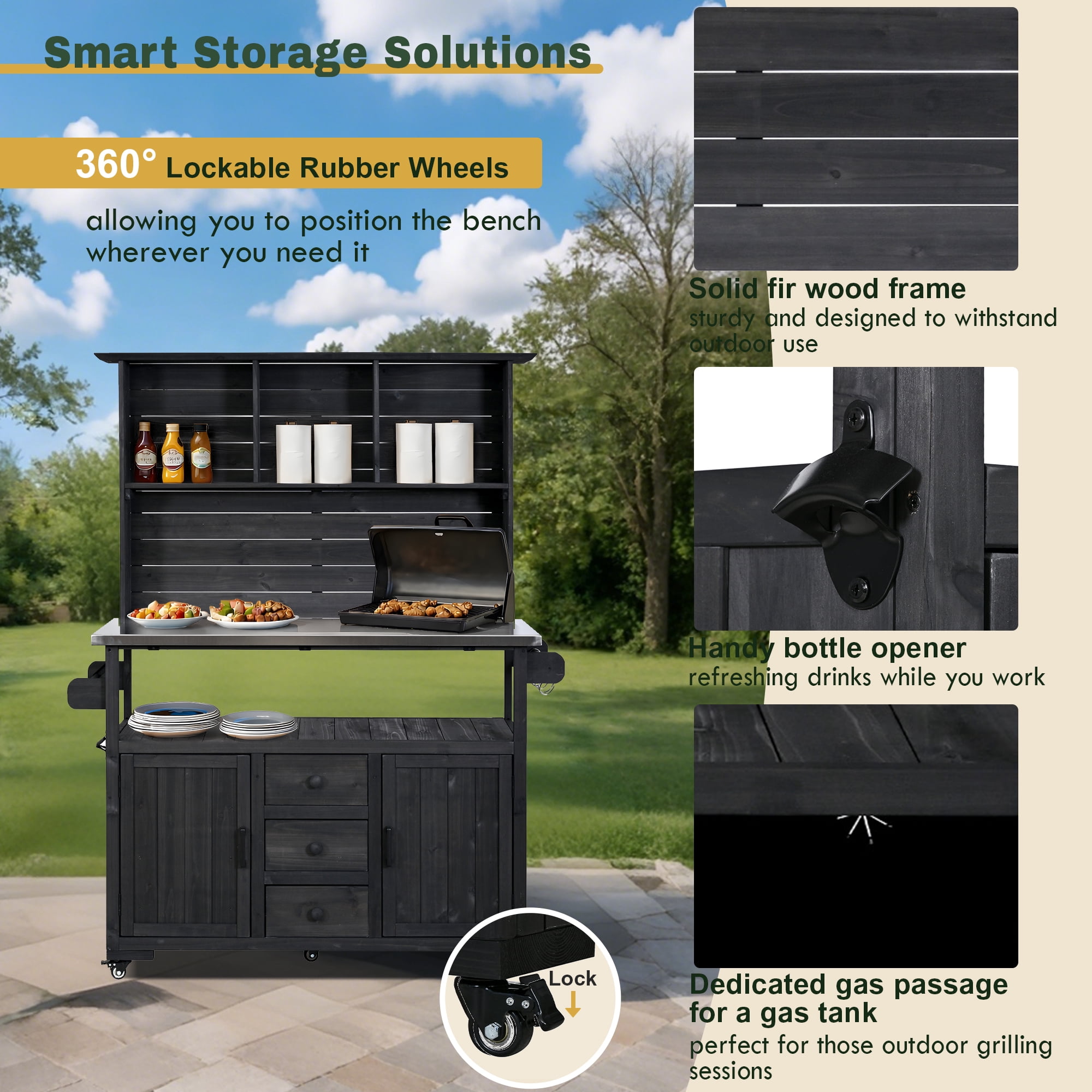 Mintazer Outdoor Storage Potting Bench with Stainless Steel Top, 65"H Wood Garden Potting Station with Lockable Wheels and Drawers & Side Hooks, Black