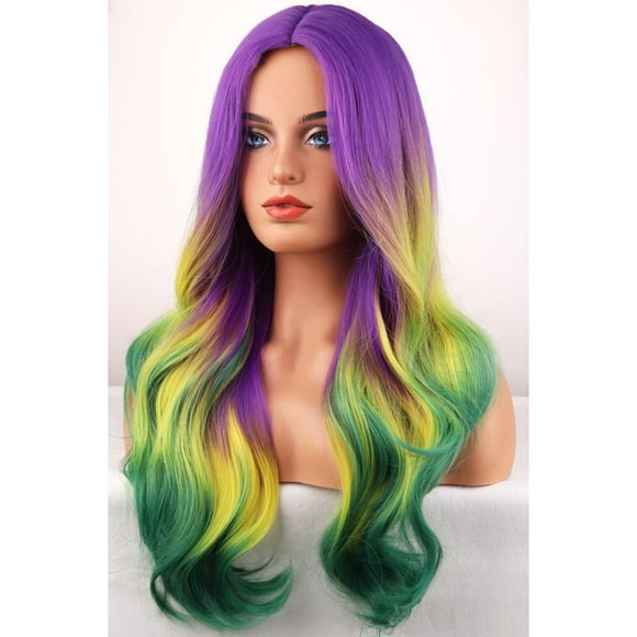 BERON Perruques Colorées Mardi Gras Ombré Violet Jaune Vert Longue Perruque Ondulée pour Femmes Filles Résistante à la Chaleur Perruques Synthétiques pour Cosplay Fête