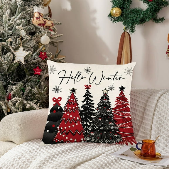 Linen Christmas Pillow Cover 17x17 inch - 4 Styles Holiday Decor for Sofa Couch Multicolor
