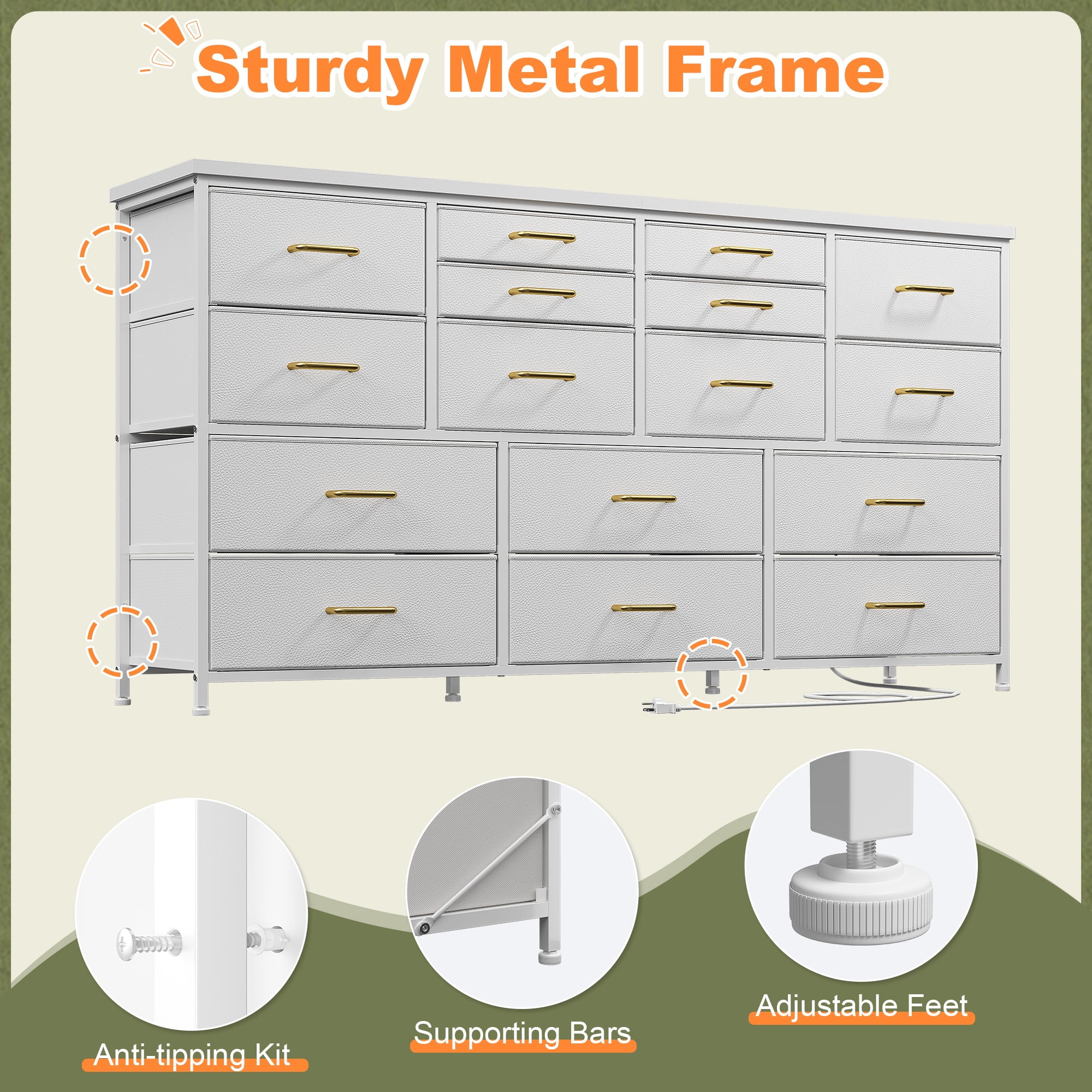 Romorgniz White Dresser for Bedroom with 16 Drawers for Closet Fabric Dressers & Chests of Drawers TV Stand with Charging Station