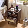 thumbnail image 6 of LELELINKY 2pc Rattan Nightstand with Charging Station, Boho Bedside Table with Handmade Drawer & Open Shelf for Bedroom, Walnut, 6 of 7