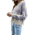 thumbnail image 4 of Xuanfei Women Plaid Deep V Neck Long Sleeve Fringed Ripped Crop Sweater, 4 of 7