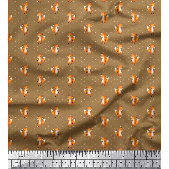 Soimoi Crepe Silk Fabric Dot & Fox Cartoon Print Sewing Fabric Yard 42 Inch Wide