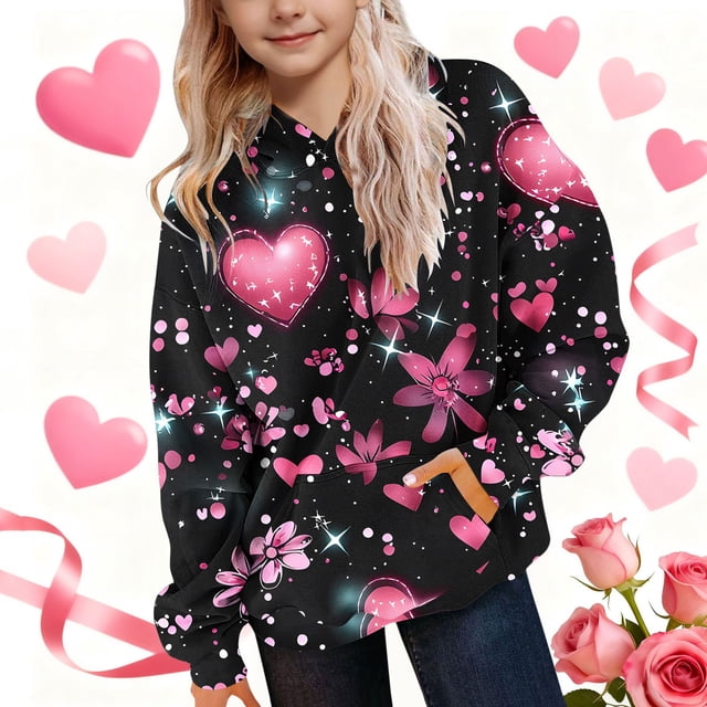 Sudaderas con capucha CUHK para niñas, sudadera con capucha estampada, cuello redondo, manga larga, para uso diario, ropa de abrigo informal, sudadera con capucha, blusa de poliéster para niños