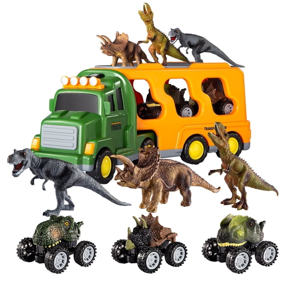 KukuFun Dinosaurs Truck Toys for Boys Kids 3-5 Years,  Friction Powered Toy Vehicle in Carrier with Light and Sound, Transport Car Toddler Play Gifts Set