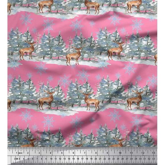 Soimoi Pink Silk Fabric Reindeer & Snowflakes Tree Printed Craft Fabric by the Yard 42 Inch Wide