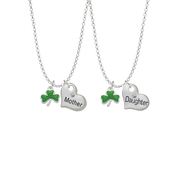 Delight Jewelry Silvertone Translucent Green Shamrock Mother & Daughter Heart Necklaces (Set of 2), 19"+2"