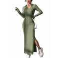 thumbnail image 3 of Women'S Casual Long Sleeve Collar V Neck Maxi Sweater Dress Slit Thigh Ribbed Knit Bodycon Pencil Dresses Green XL, 3 of 9